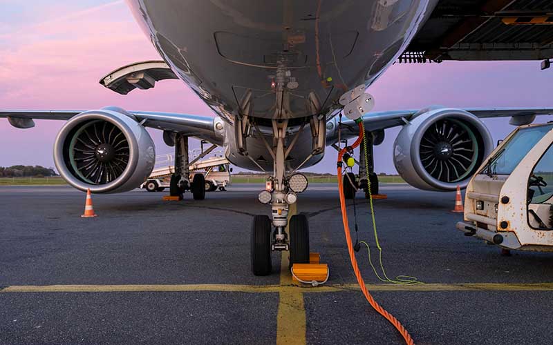 Closeup of the underside of an airplane